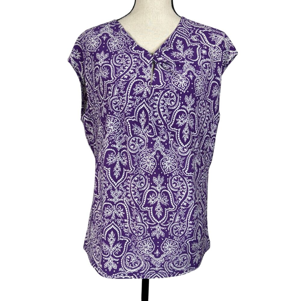 Chaps 1X-Large Top Paisley Cap Sleeves Keyhole V-Neck Stretch Purple White